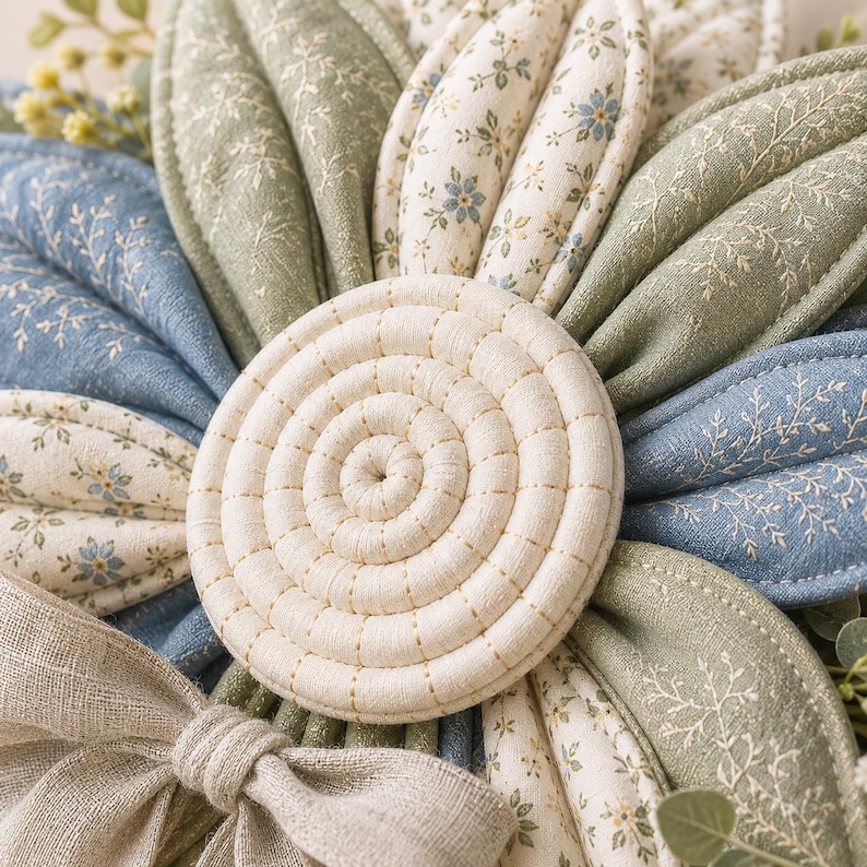Puede incluir: Un adorno de pared con forma de flor de tela con p&eacute;talos acolchados en tonos verde salvia, azul polvoriento y crema con estampados florales. El centro es un disco de tela enrollado de color crema con costuras visibles y un lazo de lino.