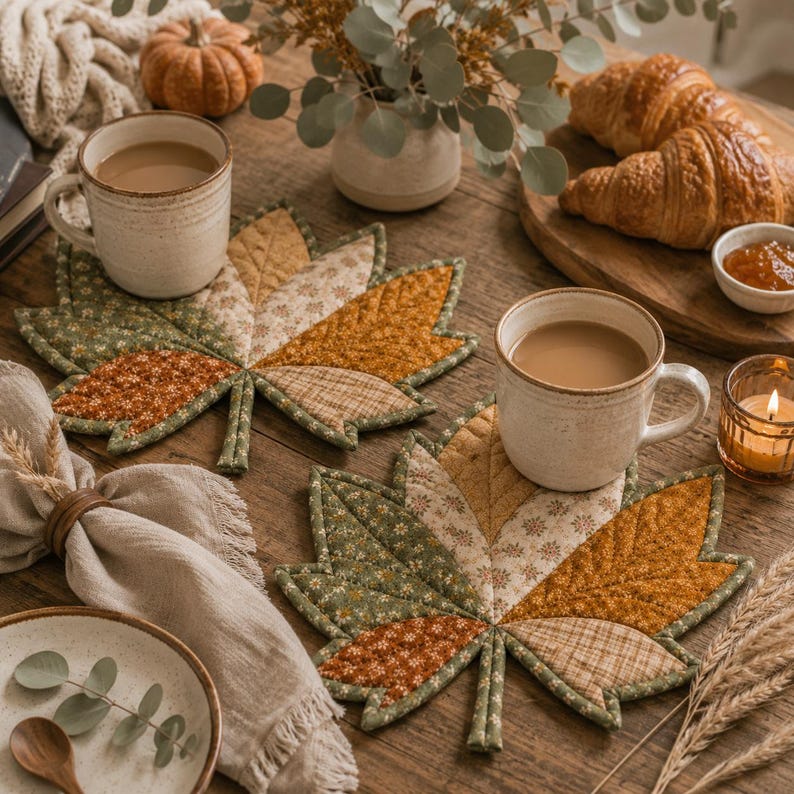 Puede incluir: Dos posavasos de tela acolchada con forma de hojas de arce, con un dise&ntilde;o de patchwork en tonos verdes, naranjas y crema con patrones florales y de cuadros. Cada posavasos sostiene una taza de cer&aacute;mica con una bebida marr&oacute;n claro.
