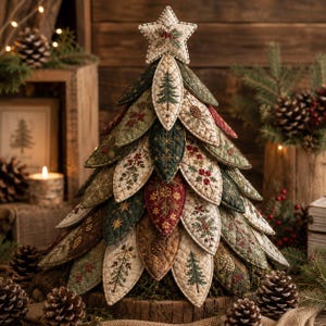 Puede incluir: Un &aacute;rbol de Navidad decorativo de tela construido con piezas acolchadas en forma de hoja superpuestas en tonos verde, crema, marr&oacute;n y rojo. El &aacute;rbol est&aacute; rematado con una estrella acolchada y presenta bordados de pinos, bayas y pi&ntilde;as.