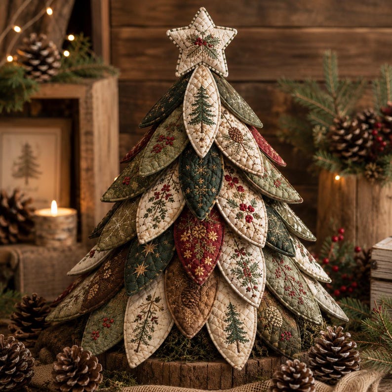 Puede incluir: Un &aacute;rbol de Navidad decorativo de tela construido con piezas acolchadas en forma de hoja superpuestas en tonos verde, crema, marr&oacute;n y rojo. El &aacute;rbol est&aacute; rematado con una estrella acolchada y presenta bordados de pinos, bayas y pi&ntilde;as.