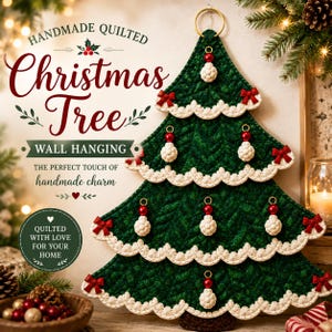 May include: A dark green quilted Christmas tree wall hanging with scalloped cream-coloured edges, small red bows, and hanging ornaments featuring red beads and white textured spheres. Text reads: HANDMADE QUILTED Christmas Tree WALL HANGING.