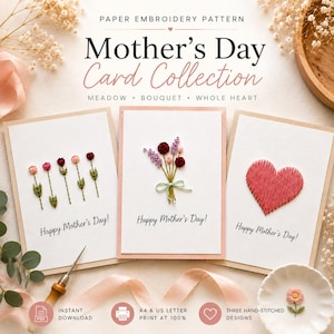 Mönster för pappersbroderi till mors dag-kort i PDF-format | Mall för broderade gratulationskort i DIY, handledning för handsydda kort för nybörjare