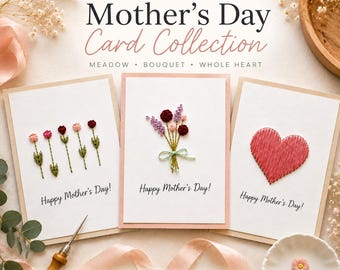 Paper Embroidery Mother's Day Card Pattern PDF | DIY Embroidered Greeting Card Template, Hand Stitched Card Tutorial for Beginners