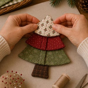 May include: A fabric Christmas tree ornament constructed from four stacked, padded layers of fabric. The top layer is cream with a red and green floral print, the middle is dark red with gold flecks, the base is green with gold snowflakes, and the trunk is brown plaid.