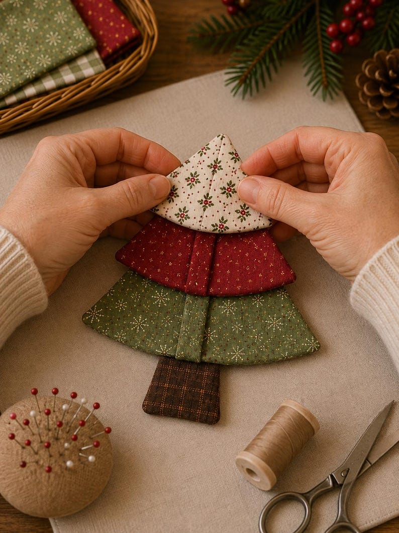 May include: A fabric Christmas tree ornament constructed from four stacked, padded layers of fabric. The top layer is cream with a red and green floral print, the middle is dark red with gold flecks, the base is green with gold snowflakes, and the trunk is brown plaid.