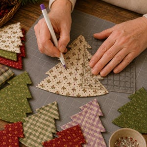 May include: A fabric Christmas tree cutout with a cream background and a brown snowflake pattern, being marked with a purple fabric marker and a clear plastic quilting ruler on a gray cutting mat, surrounded by other fabric tree shapes.
