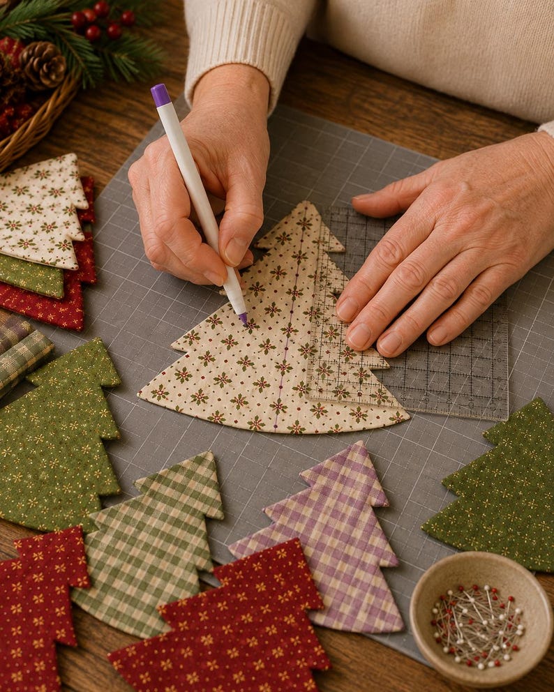 May include: A fabric Christmas tree cutout with a cream background and a brown snowflake pattern, being marked with a purple fabric marker and a clear plastic quilting ruler on a gray cutting mat, surrounded by other fabric tree shapes.