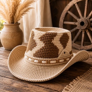 May include: A crocheted cowboy hat featuring a beige base with a brown cow-print pattern on the crown. The hat includes a wide, curved brim and a decorative band around the base with woven white and brown accents, crafted with a tight stitch.