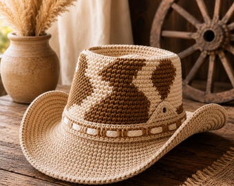 Crochet Cowboy Hat Pattern PDF | Western Cow Print Hat, Cowgirl Crochet Hat Pattern, Boho Western Hat, Instant Download Photo Tutorial