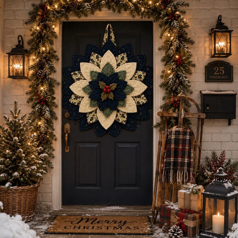 May include: A fabric star-shaped wall hanging featuring layered petals in cream, dark green, and navy blue with a central cluster of red berries and green leaves, displayed on a dark door with a Merry Christmas doormat and holiday decor.
