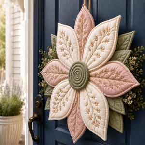 Mönster för dörrhängare i quiltat tyg med blommor i PDF-format | Sömnadsmönster för dörrhängare med kronblad, modern blomsterkransdekoration bild 5