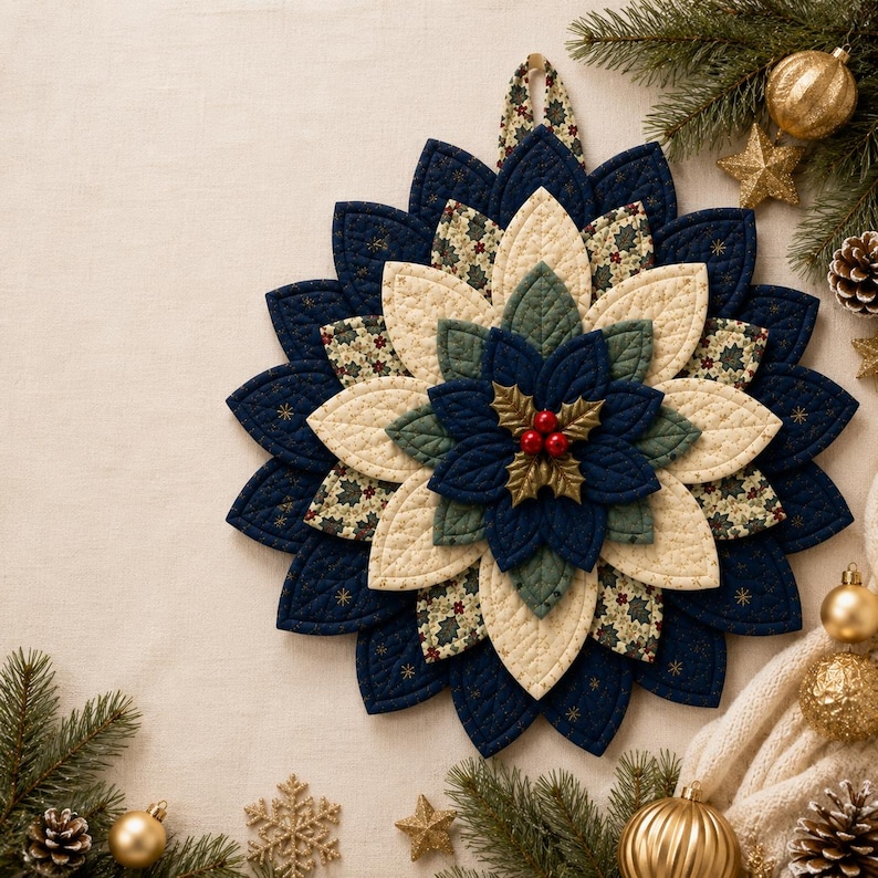 May include: A quilted fabric wall hanging shaped like a layered poinsettia flower. The petals feature navy blue, cream, and green fabrics with gold star accents. A cluster of three red berries and green leaves sits at the center of the flower.
