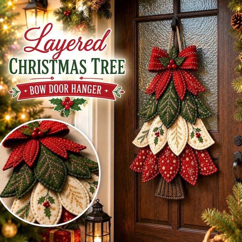 May include: A layered Christmas tree door hanger featuring fabric leaves in red, green, and cream with embroidered details, topped with a large red bow and berries. The text reads Layered CHRISTMAS TREE BOW DOOR HANGER.
