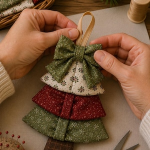 May include: A fabric Christmas tree ornament featuring three layered tiers in green and deep red with gold-toned snowflake patterns. The ornament is topped with a matching green fabric bow and a gold ribbon loop for hanging, with a brown fabric trunk.