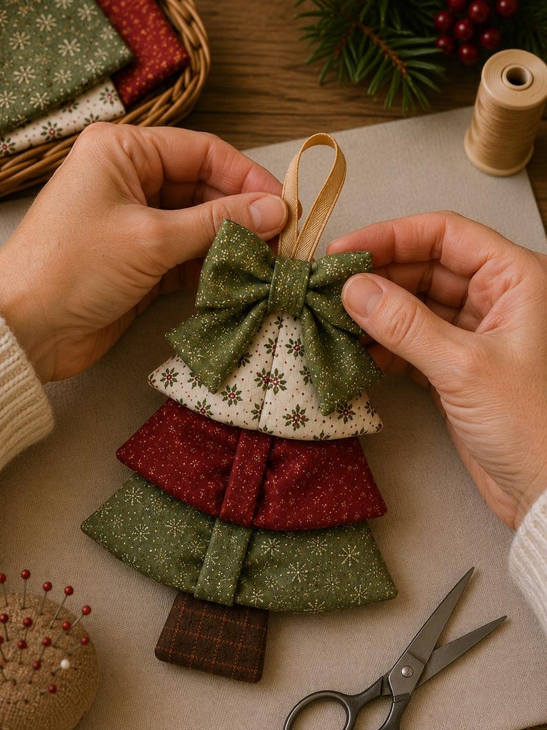 May include: A fabric Christmas tree ornament featuring three layered tiers in green and deep red with gold-toned snowflake patterns. The ornament is topped with a matching green fabric bow and a gold ribbon loop for hanging, with a brown fabric trunk.