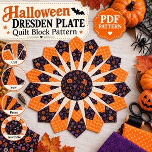 May include: A Halloween Dresden Plate quilt block pattern featuring a central circular fabric piece with orange jack-o'-lanterns and purple flowers, surrounded by alternating orange polka dot and floral fabric petals in a starburst design.
