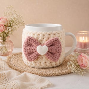 May include: A white ceramic mug featuring a thick, cream-colored crocheted cozy. The cozy is decorated with a large, dusty rose-colored crocheted bow centered on the front, which is accented by a small, white felt heart at its middle point.
