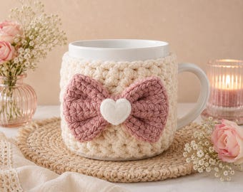 Crochet Bow Mug Cozy Pattern PDF | Beginner Coffee Cup Cozy Tutorial | Heart Mug Warmer US Terms | Instant Download Crochet Gift