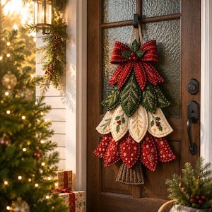 May include: A fabric Christmas tree wall hanging featuring layered, quilted leaf-shaped segments in red, green, and cream. The design includes a large red bow at the top with small red berries, intricate stitching details, and a brown textured trunk base.