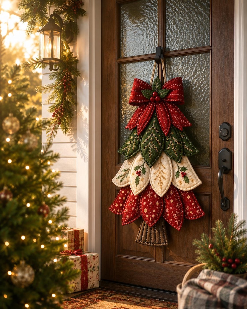 May include: A fabric Christmas tree wall hanging featuring layered, quilted leaf-shaped segments in red, green, and cream. The design includes a large red bow at the top with small red berries, intricate stitching details, and a brown textured trunk base.