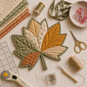 Puede incluir: Un posavasos de tela acolchada con forma de hoja de arce y dise&ntilde;o de patchwork en algod&oacute;n verde, amarillo mostaza y crema con estampados florales y de cuadros. La hoja est&aacute; rodeada de art&iacute;culos de costura, hilos, tijeras y un cortador rotativo.