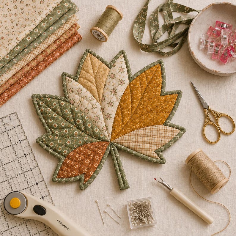 Puede incluir: Un posavasos de tela acolchada con forma de hoja de arce y dise&ntilde;o de patchwork en algod&oacute;n verde, amarillo mostaza y crema con estampados florales y de cuadros. La hoja est&aacute; rodeada de art&iacute;culos de costura, hilos, tijeras y un cortador rotativo.
