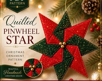 Quilted Pinwheel Star Christmas Ornament PDF Pattern | Fabric Pinwheel Star Ornament Sewing Tutorial | Quilted Starburst Ornament