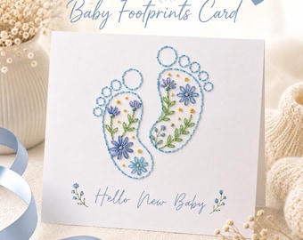 Cartão Bordado com Pegadas de Bebê, Modelo em PDF Bordado à Mão, Cartão de Boas-vindas ao Bebê, Lembrança para Chá de Bebê, Bordado em Papel