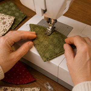 May include: A white sewing machine stitching a triangular piece of green fabric with a gold star pattern. The fabric has a stitched border. Other triangular fabric pieces in red, green, and cream with floral patterns are visible nearby.