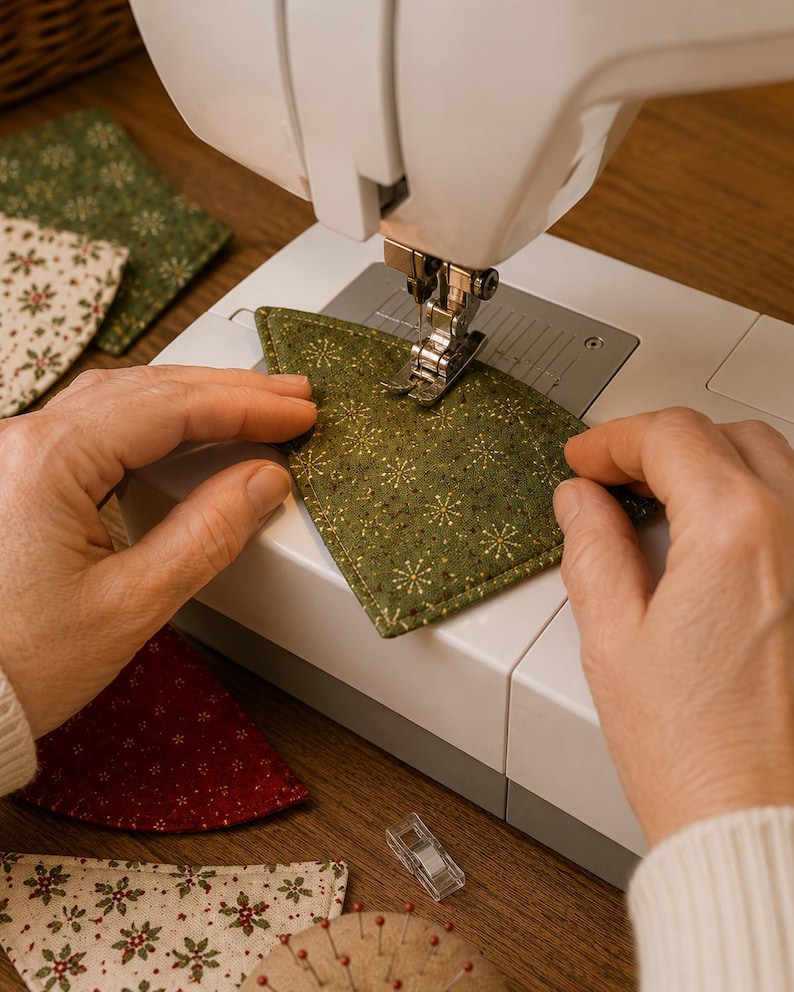 May include: A white sewing machine stitching a triangular piece of green fabric with a gold star pattern. The fabric has a stitched border. Other triangular fabric pieces in red, green, and cream with floral patterns are visible nearby.