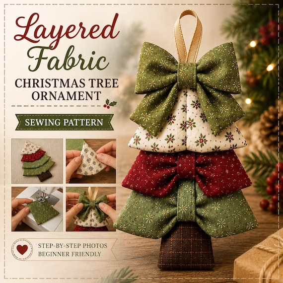 Layered Fabric Christmas Tree Ornament Sewing Pattern PDF | Quilted Tiered Tree Ornament with Bow | Beginner DIY Holiday Craft