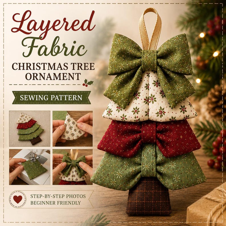 May include: A layered fabric Christmas tree ornament sewing pattern featuring text that reads Layered Fabric CHRISTMAS TREE ORNAMENT SEWING PATTERN. The ornament is constructed from stacked bows in green, white with floral prints, and deep red fabric.