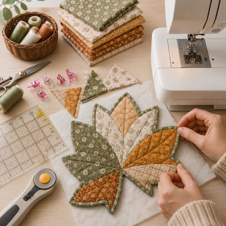Puede incluir: Una forma de hoja de tela acolchada en tonos verde, naranja y crema con patrones florales y de cuadros. Los suministros de costura incluyen una m&aacute;quina de coser blanca, una pila de telas, una cesta de mimbre, clips y una regla.