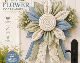 Patrón PDF para colgador de puerta de flores de tela acolchada / Patrón de costura de corona acolchada, adorno floral grande para pared, decoración de puerta estilo rústico (hazlo tú mismo)