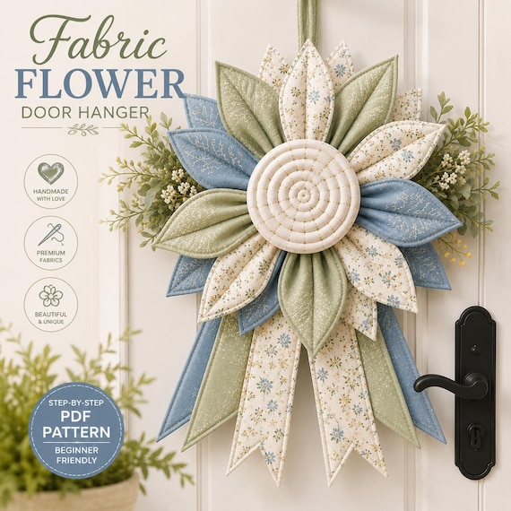 Quilted Fabric Flower Door Hanger Pattern PDF | Quilted Wreath Sewing Pattern, Large Floral Wall Hanging, Farmhouse Door Decor DIY