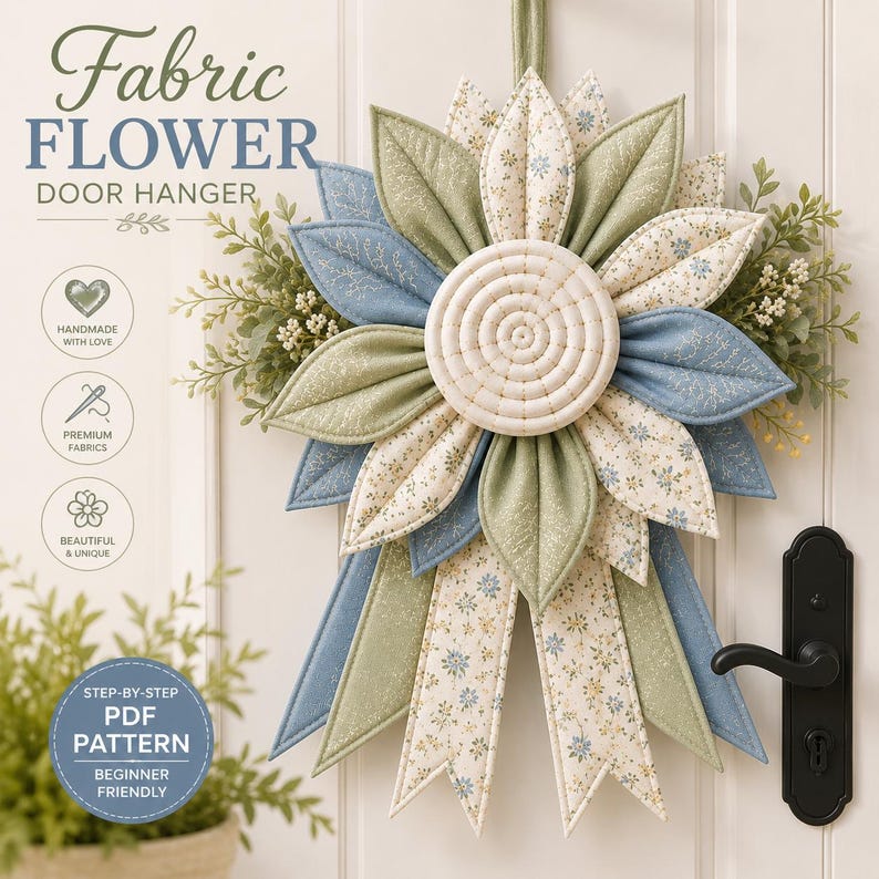 Puede incluir: Un colgador de puerta de flor de tela con un c&iacute;rculo central acolchado de color crema rodeado de p&eacute;talos en capas en verde salvia, azul polvoriento y un estampado floral crema. El dise&ntilde;o incluye dos largas cintas de tela y follaje verde.