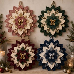 May include: Four circular quilted fabric wall hangings shaped like layered flowers. Each piece features concentric petals in varying colors including dusty rose, forest green, deep burgundy, and navy blue, accented with floral fabric and gold or silver berries.