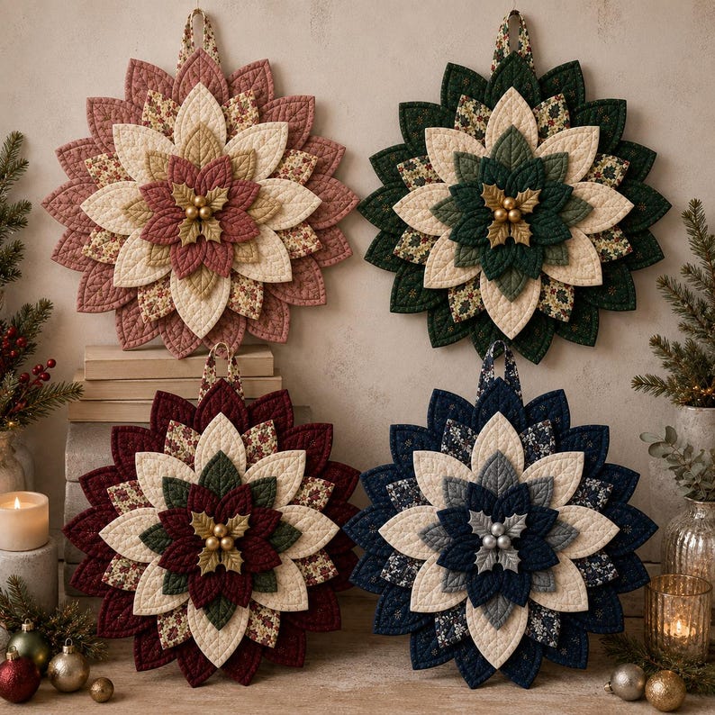 May include: Four circular quilted fabric wall hangings shaped like layered flowers. Each piece features concentric petals in varying colors including dusty rose, forest green, deep burgundy, and navy blue, accented with floral fabric and gold or silver berries.