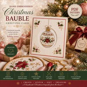 May include: A greeting card featuring a hand-embroidered Christmas bauble design with poinsettia motifs, gold thread accents, and holly sprigs. The card is displayed alongside an embroidery hoop, gold scissors, and thread, with text reading PDF PATTERN.