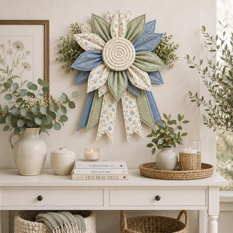 Puede incluir: Un adorno de pared de tela con forma de flor grande con p&eacute;talos superpuestos en tonos verde salvia, azul polvoriento y patrones florales crema. El centro es un dise&ntilde;o circular de cuerda crema, con dos cintas de tela largas y puntiagudas.