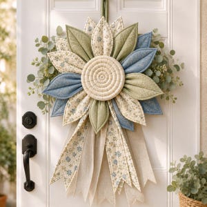 Puede incluir: Una corona de flores de tela con p&eacute;talos acolchados en tonos verde salvia, azul polvoriento y crema con peque&ntilde;os estampados florales. El centro es un disco acolchado circular y la base incluye largas cintas de tela colgantes y follaje verde.