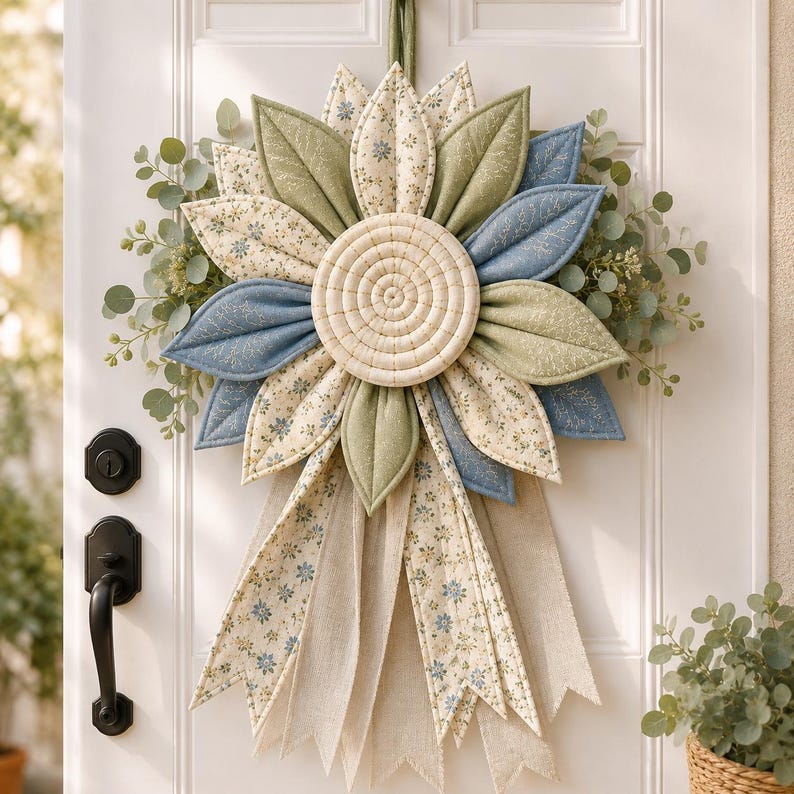 Puede incluir: Una corona de flores de tela con p&eacute;talos acolchados en tonos verde salvia, azul polvoriento y crema con peque&ntilde;os estampados florales. El centro es un disco acolchado circular y la base incluye largas cintas de tela colgantes y follaje verde.