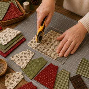 May include: A yellow rotary cutter is used to cut a piece of patterned fabric on a gray cutting mat with a clear acrylic ruler. Several pieces of fabric with red, green, and cream holiday-themed prints are arranged on the mat for quilting.