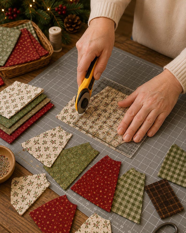 May include: A yellow rotary cutter is used to cut a piece of patterned fabric on a gray cutting mat with a clear acrylic ruler. Several pieces of fabric with red, green, and cream holiday-themed prints are arranged on the mat for quilting.