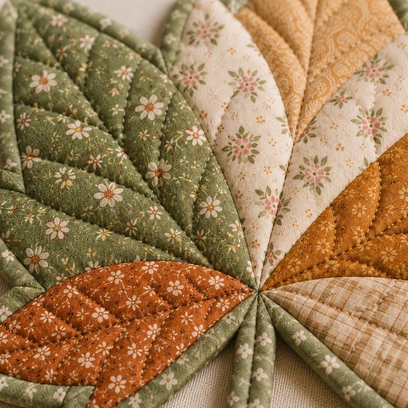 Puede incluir: Un tapete de tela acolchada con forma de hoja que presenta un dise&ntilde;o de patchwork con varios patrones florales y de cuadros en tonos verde salvia, crema, amarillo mostaza y naranja quemado, con costuras visibles en las nervaduras.