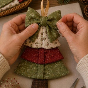 May include: A fabric Christmas tree ornament featuring layered sections in olive green with gold glitter, cream with a red and green floral print, and deep red fabric. The tree is topped with a gold ribbon loop and has a brown plaid trunk.