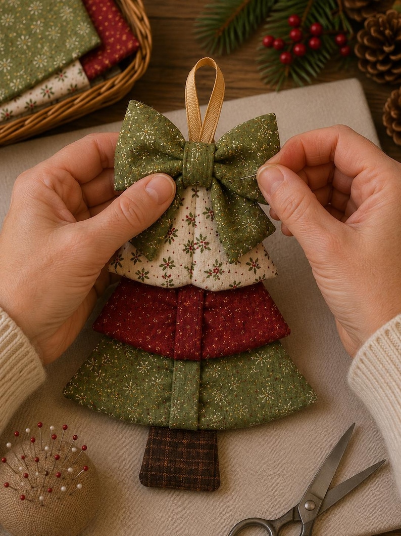 May include: A fabric Christmas tree ornament featuring layered sections in olive green with gold glitter, cream with a red and green floral print, and deep red fabric. The tree is topped with a gold ribbon loop and has a brown plaid trunk.