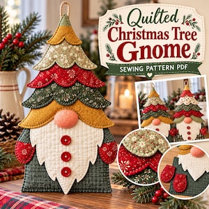 Puede incluir: Un patrón de costura PDF de gnomo de árbol de Navidad acolchado con un sombrero de tela en capas en verde, rojo y dorado, una nariz color melocotón, una barba blanca acolchada con tres botones rojos y manoplas rojas sobre una base verde oscuro.