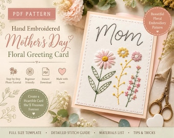 Molde em PDF para cartão de Dia das Mães bordado à mão | Faça você mesmo: cartão de felicitações com bordado floral | Tutorial de bordado em papel para iniciantes (para imprimir)