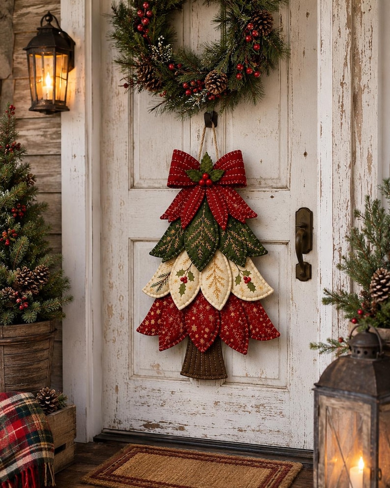 May include: A fabric Christmas tree wall hanging featuring layered, quilted leaf-shaped segments in red, cream, and green with gold stitching. The tree is topped with a large red fabric bow and has a brown fabric trunk at the base, hanging by twine.